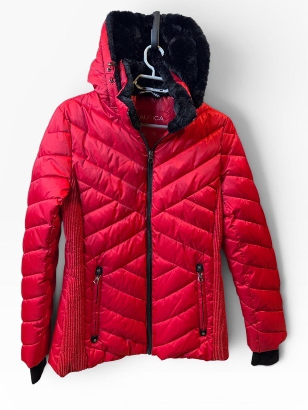 Nautica Red Puffer Jacket Black Faux Fur Hood Size Medium